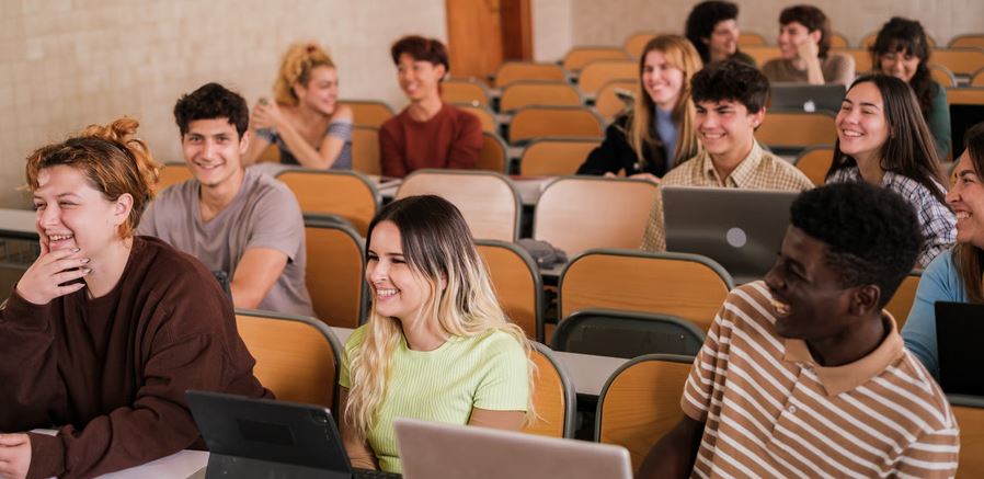 University lecture hall with warm lighting